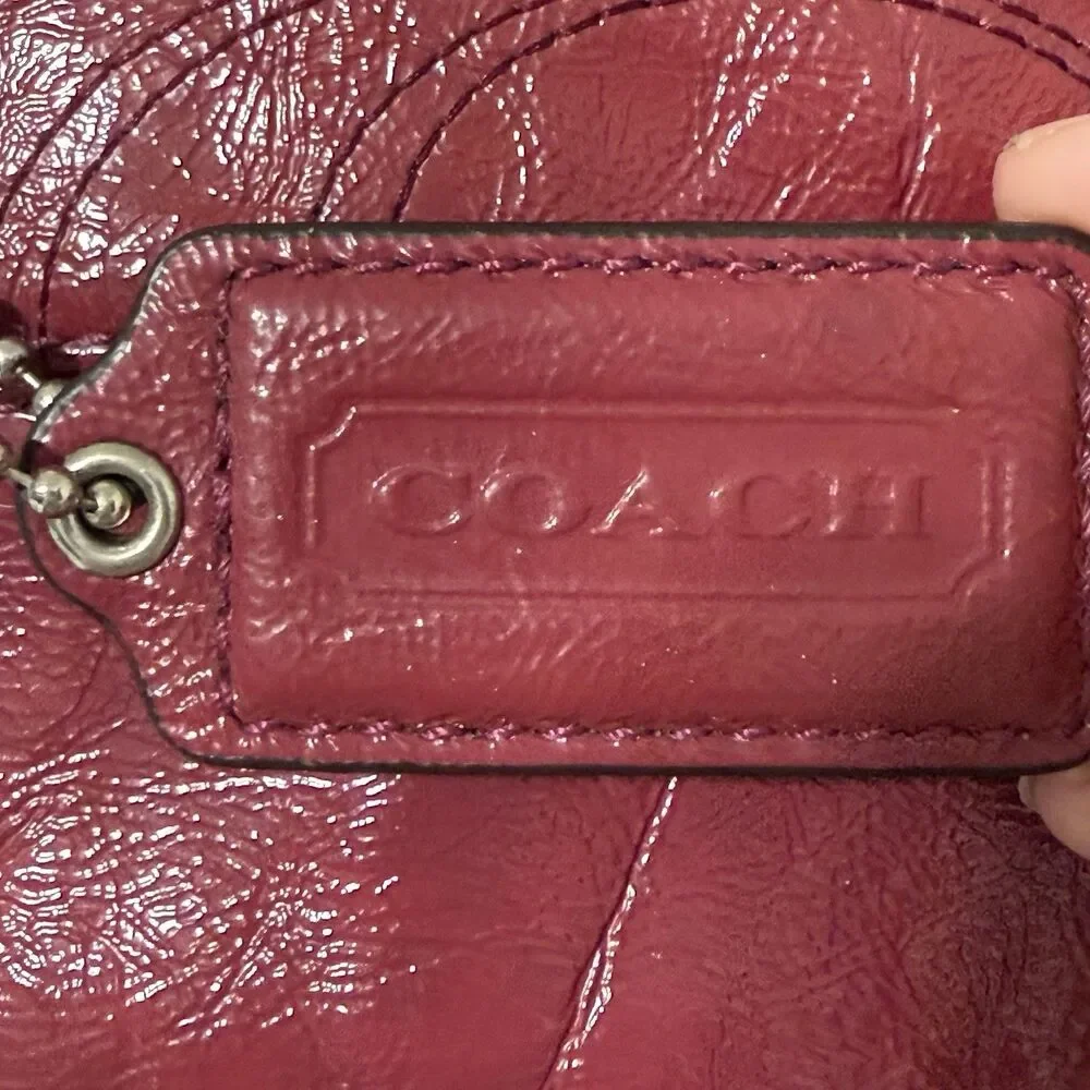 Coach Berry Pink Patent Leather Stitched C Signature Stripe Shoulder Bag.